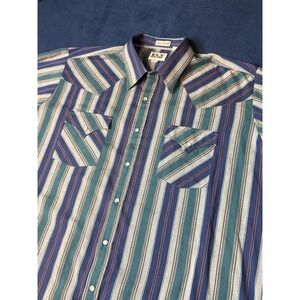 VTG Ely Cattleman Western Pearl Snap Shirt Mens XL Tall Blue Striped Cowboy
